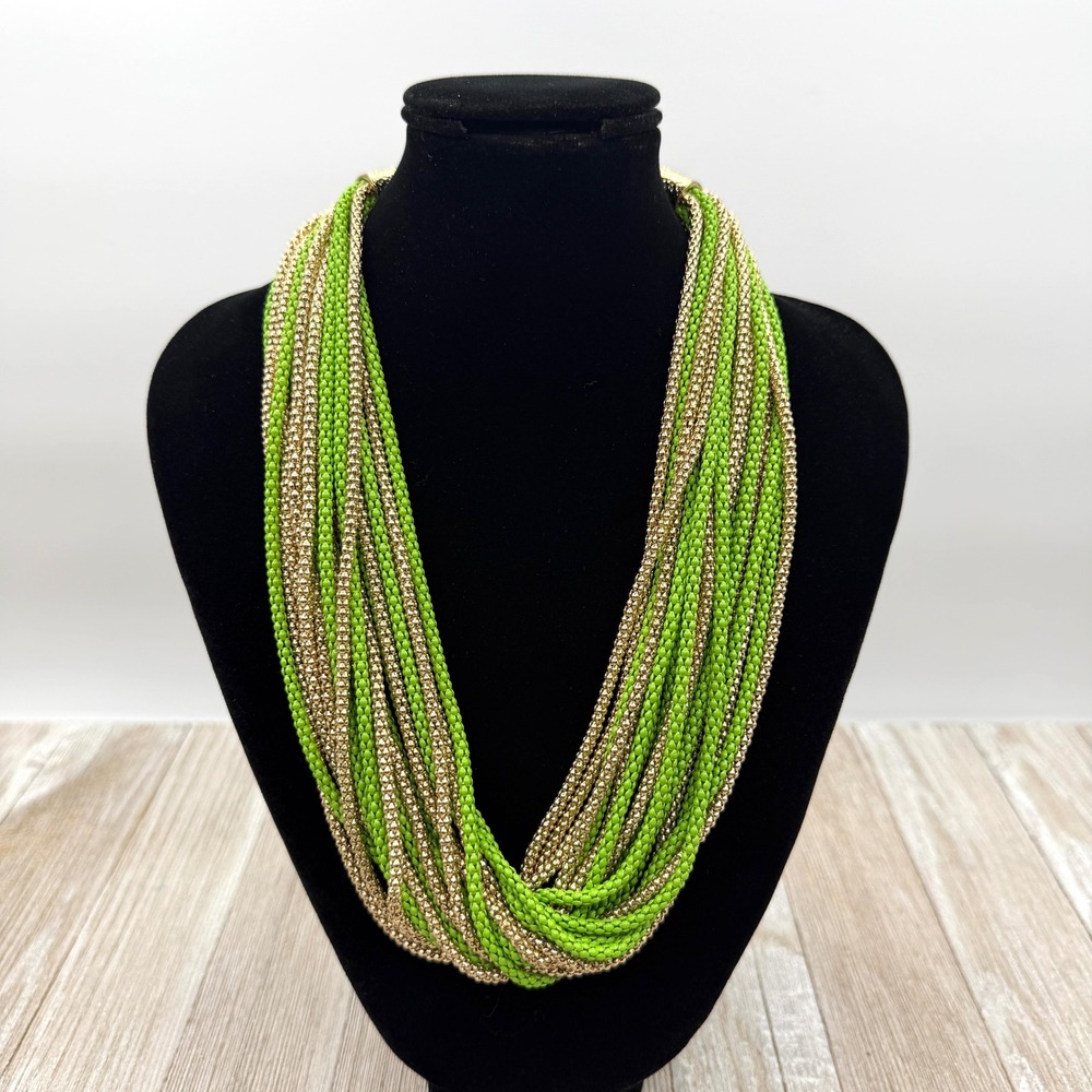 Multi Strand Statement Necklace Lime Green Gold Tone Beaded Bib Adjustable 19in